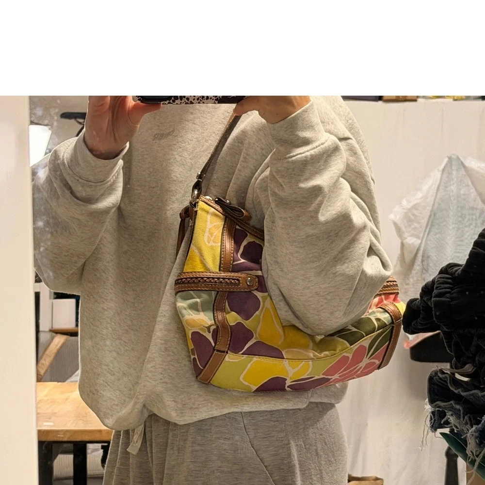 Vintage Y2K Boho Chic Fossil Floral Canvas Hobo Shoulder Bag